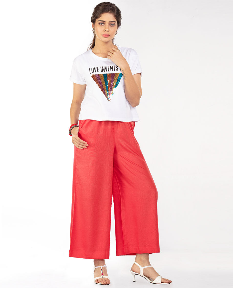 Strawberry pink plain design cotton palazzo pants