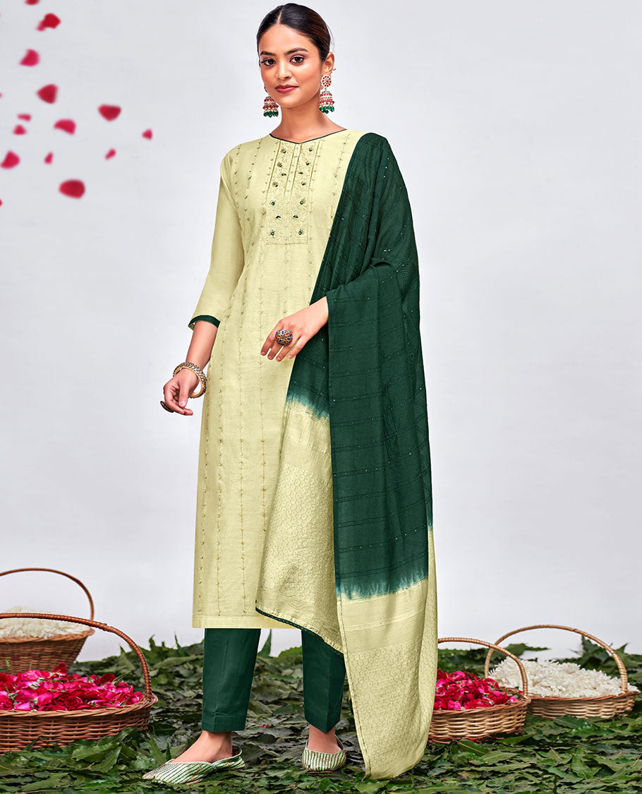 Buttercream embroidered modal silk 3pcs material chudidhar set, plain bottom & double-colour sequin striped dupatta