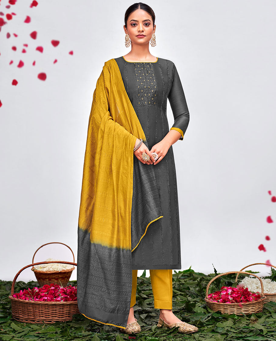 Elephant grey embroidered modal silk 3pcs material chudidhar, plain bottom & double-colour geometric patterned dupatta