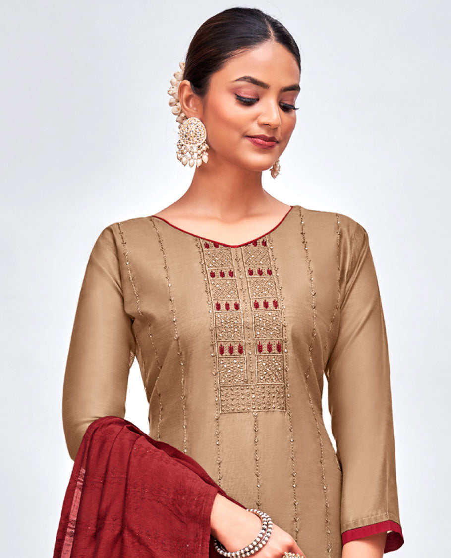 Pale brown embroidered modal silk 3pcs material chudidhar set, cotton bottom & double-colour sequin embroidered dupatta