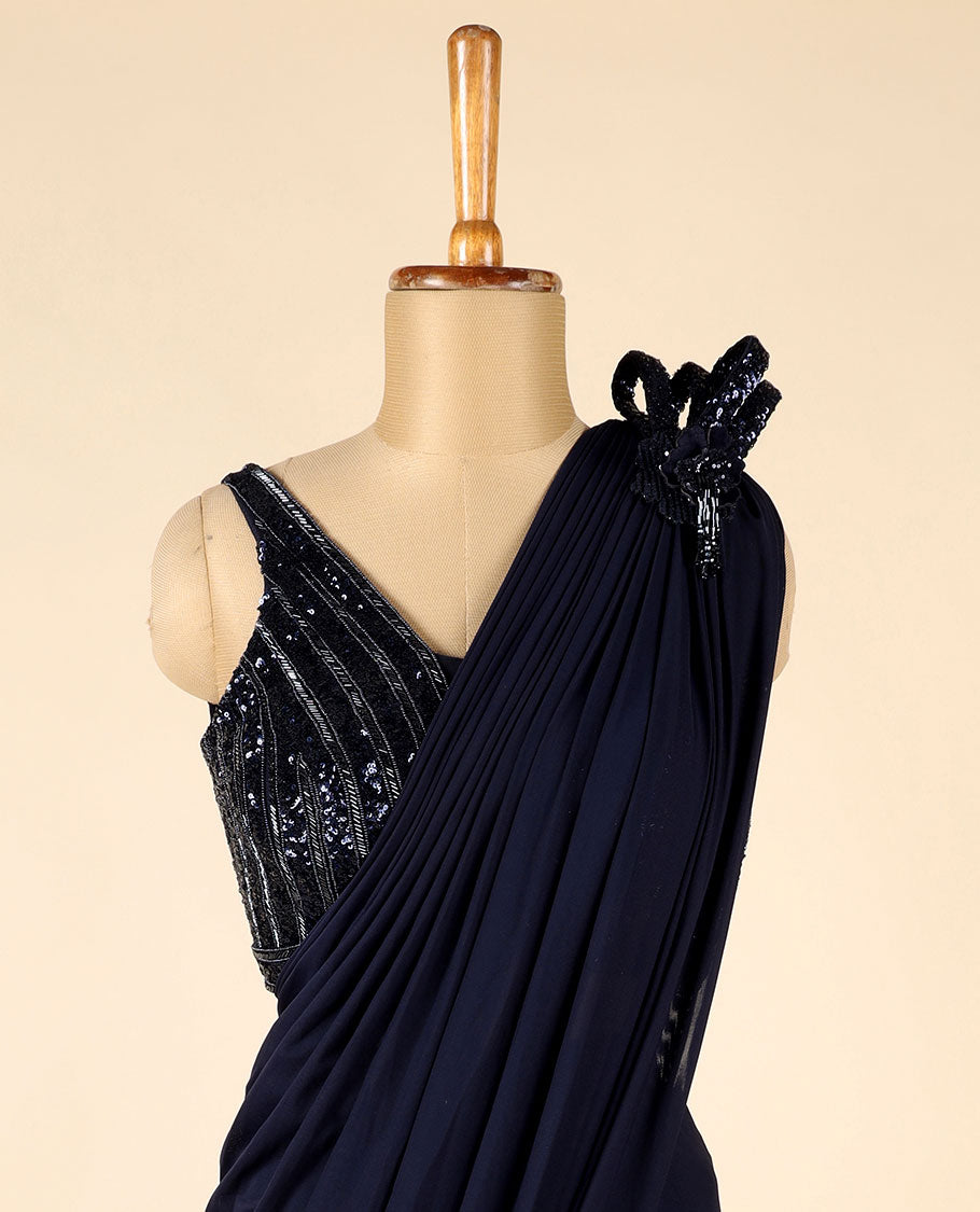 Deep Blue Georgette Readymade Saree, stitched kardhana embroidery & sequined sleeveless blouse