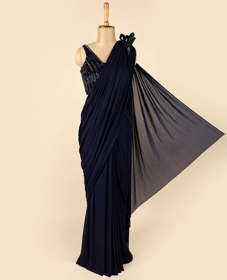 Deep Blue Georgette Readymade Saree, stitched kardhana embroidery & sequined sleeveless blouse