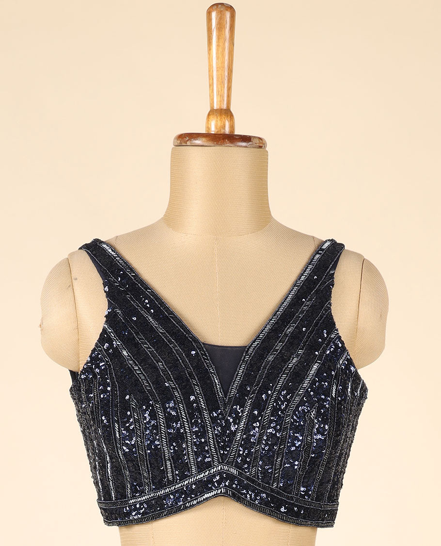 Deep Blue Georgette Readymade Saree, stitched kardhana embroidery & sequined sleeveless blouse