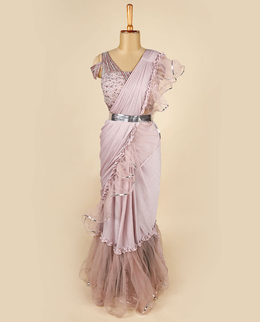 Lite Rosewood Pink Lycra with Net Readymade Designer Ruffle Saree,Kardhana embroidery thick strappy off-shoulder blouse