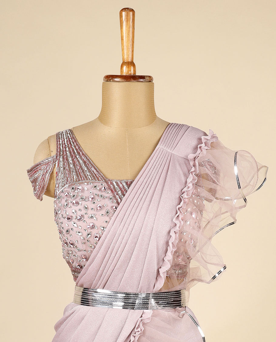 Lite Rosewood Pink Lycra with Net Readymade Designer Ruffle Saree,Kardhana embroidery thick strappy off-shoulder blouse