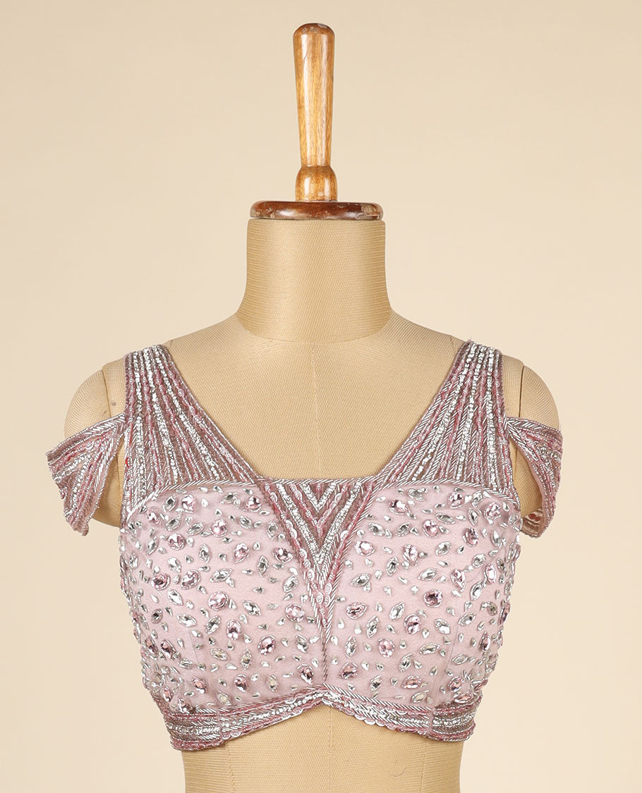 Lite Rosewood Pink Lycra with Net Readymade Designer Ruffle Saree,Kardhana embroidery thick strappy off-shoulder blouse