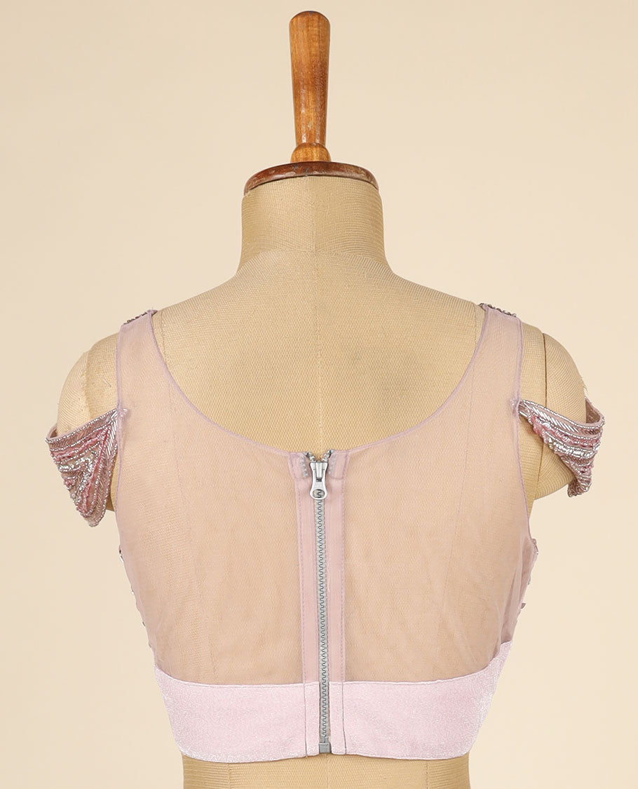 Lite Rosewood Pink Lycra with Net Readymade Designer Ruffle Saree,Kardhana embroidery thick strappy off-shoulder blouse