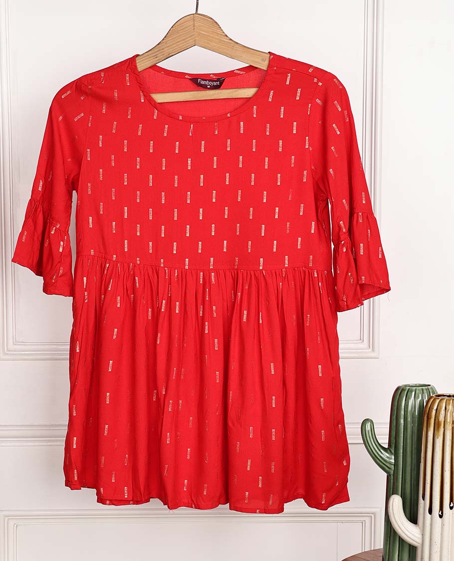 Imperial red unique motifs printed 3/4th bell sleeve rayon top