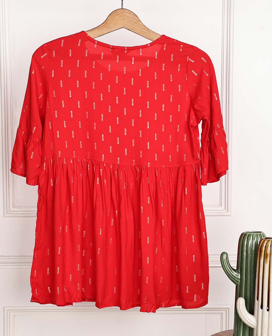 Imperial red unique motifs printed 3/4th bell sleeve rayon top