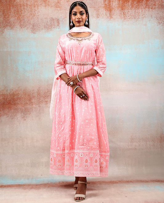 Pink embroidered & flower printed 3/4th Sleeve silk cotton Anarkali, intricate dupatta & stone embroidered waist belt