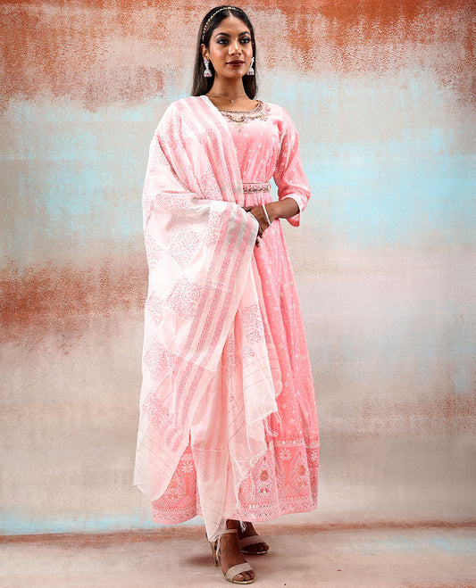 Pink embroidered & flower printed 3/4th Sleeve silk cotton Anarkali, intricate dupatta & stone embroidered waist belt