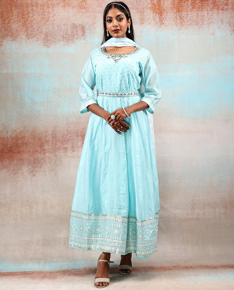 Blue embroidered & flower design printed 3/4th sleeve silk cotton Anarkali with waist belt & intricately printed dupatta