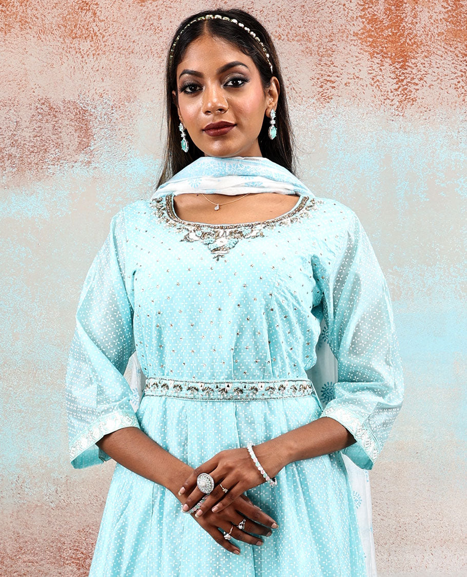 Blue embroidered & flower design printed 3/4th sleeve silk cotton Anarkali with waist belt & intricately printed dupatta