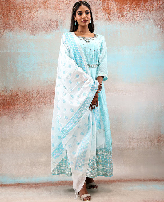 Blue embroidered & flower design printed 3/4th sleeve silk cotton Anarkali with waist belt & intricately printed dupatta