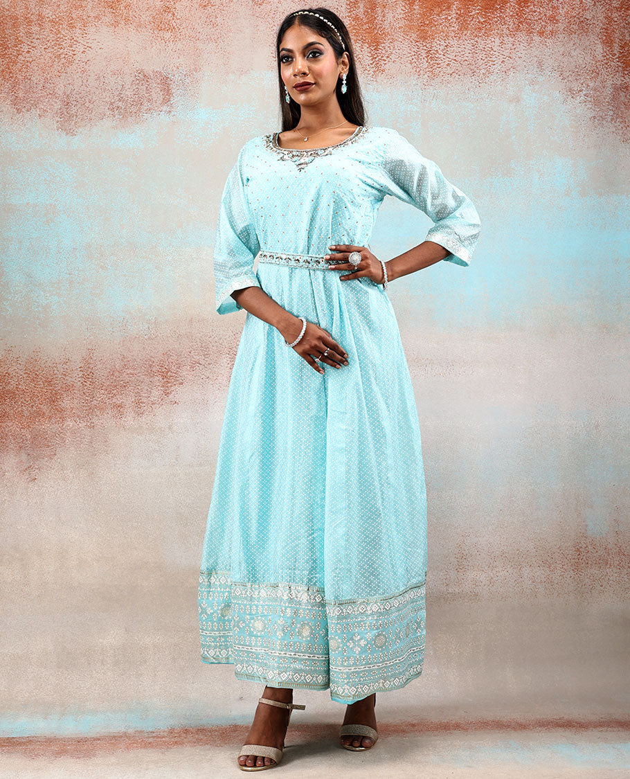 Blue embroidered & flower design printed 3/4th sleeve silk cotton Anarkali with waist belt & intricately printed dupatta