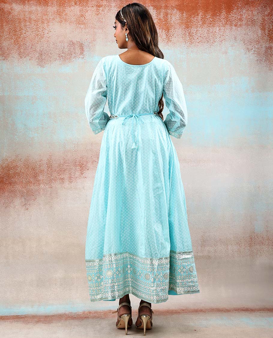 Blue embroidered & flower design printed 3/4th sleeve silk cotton Anarkali with waist belt & intricately printed dupatta
