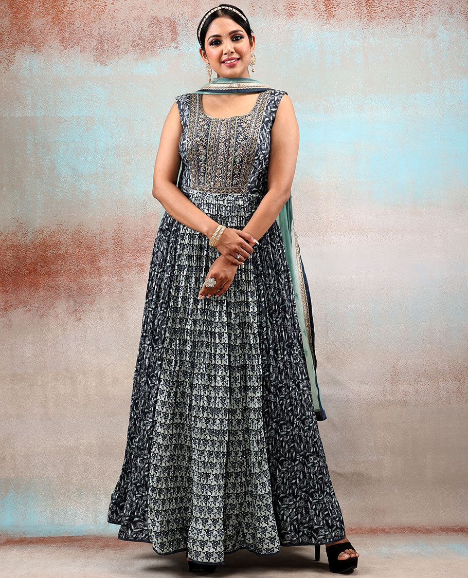 Black patola Silk Anarkali Printed with intricate designs & front neck embroidered,contrast net dupatta with lace border
