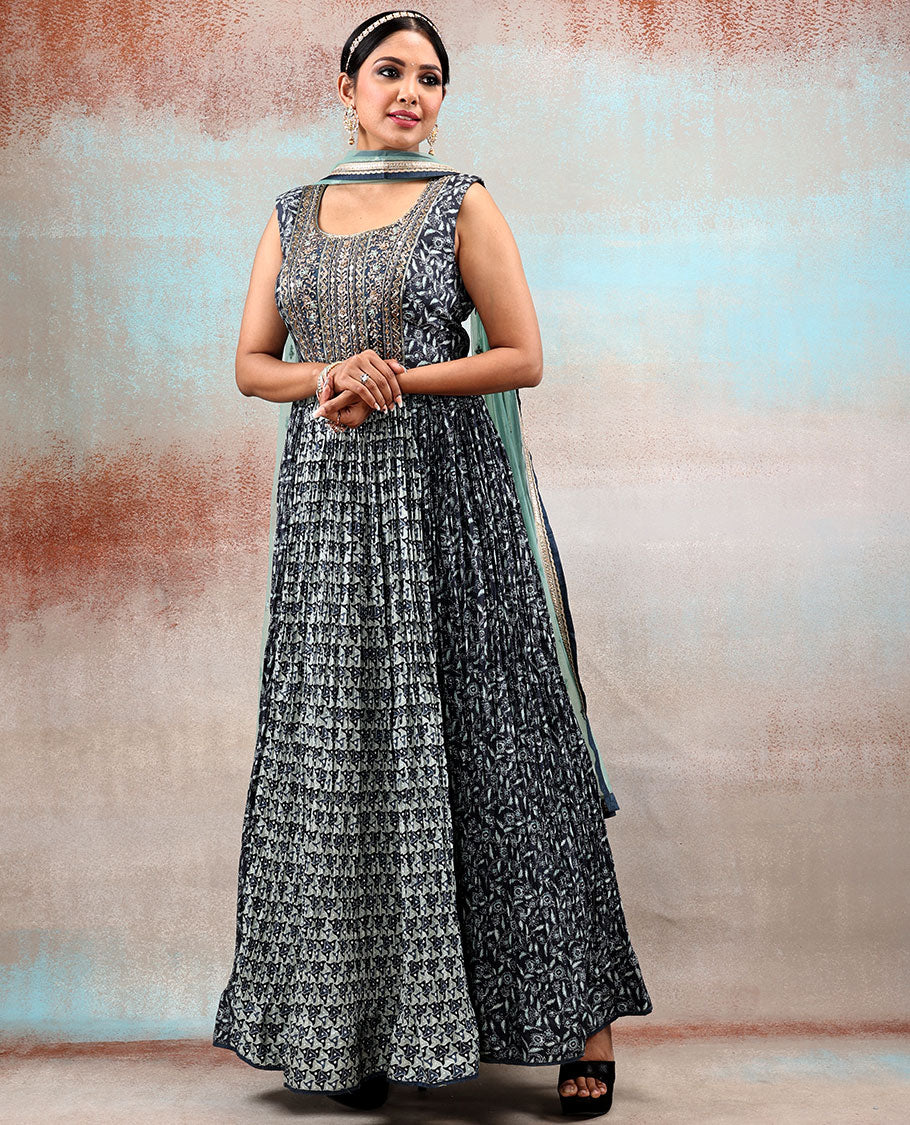 Black patola Silk Anarkali Printed with intricate designs & front neck embroidered,contrast net dupatta with lace border