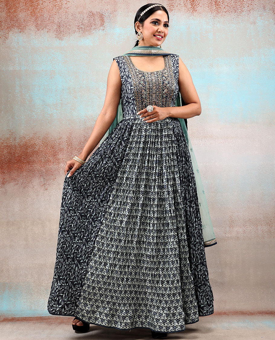 Black patola Silk Anarkali Printed with intricate designs & front neck embroidered,contrast net dupatta with lace border