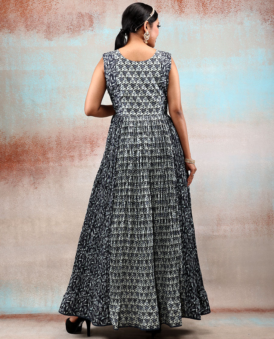 Black patola Silk Anarkali Printed with intricate designs & front neck embroidered,contrast net dupatta with lace border