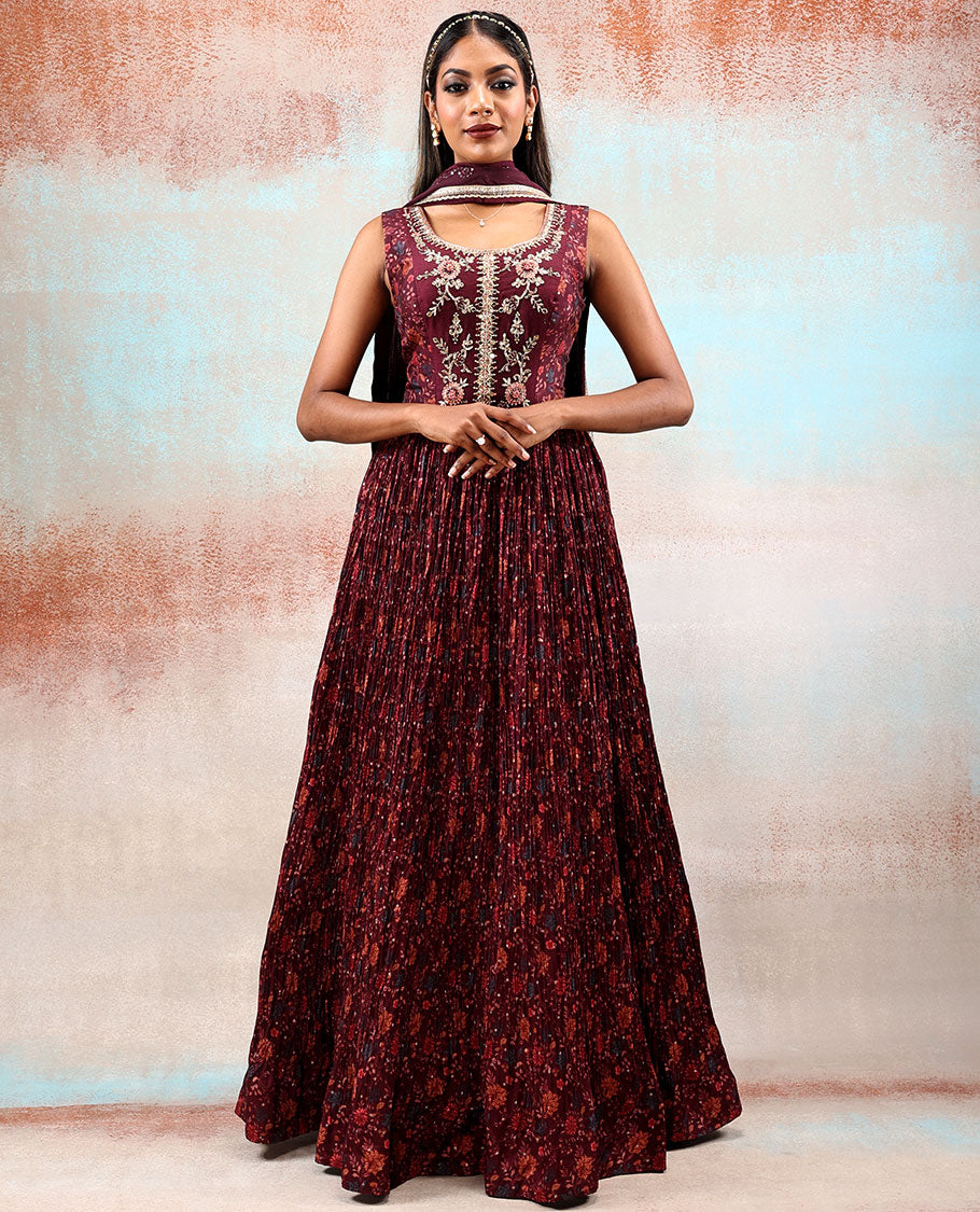 Burgundy patola silk anarkali printed with intricate floral vine designs & stone embroidered, sequin work dupatta