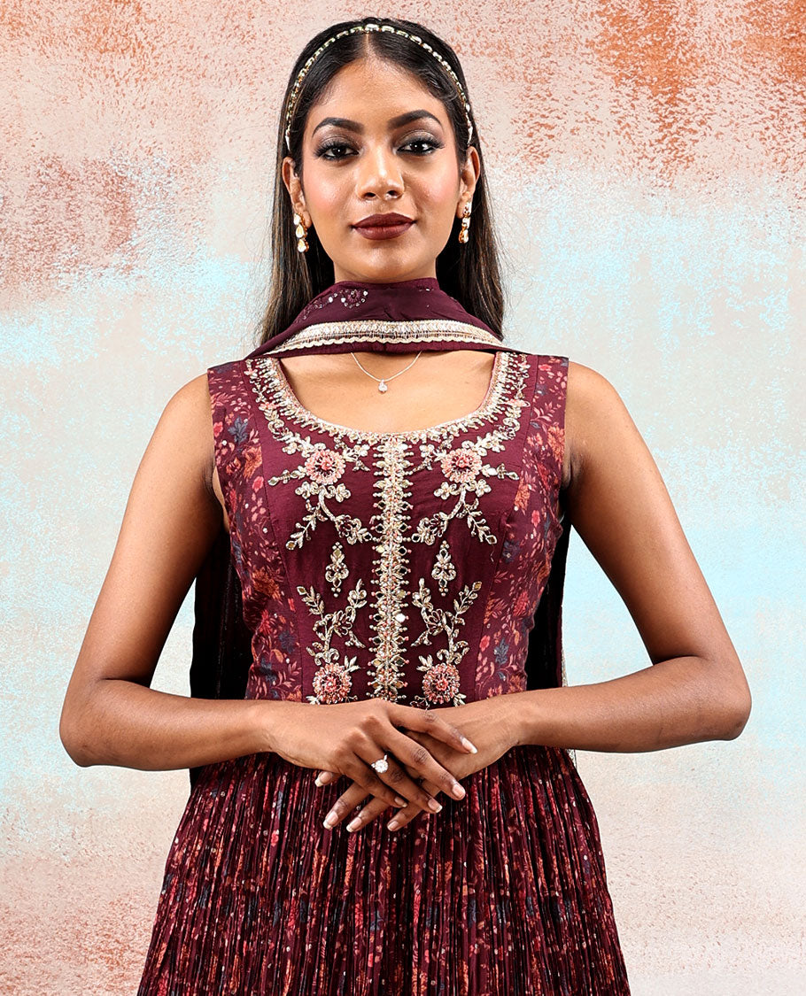 Burgundy patola silk anarkali printed with intricate floral vine designs & stone embroidered, sequin work dupatta