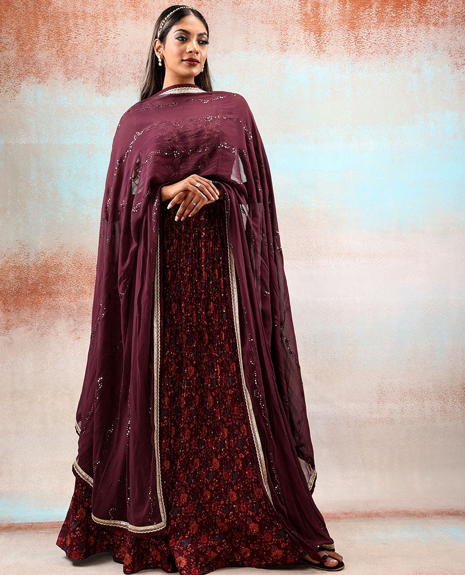 Burgundy patola silk anarkali printed with intricate floral vine designs & stone embroidered, sequin work dupatta