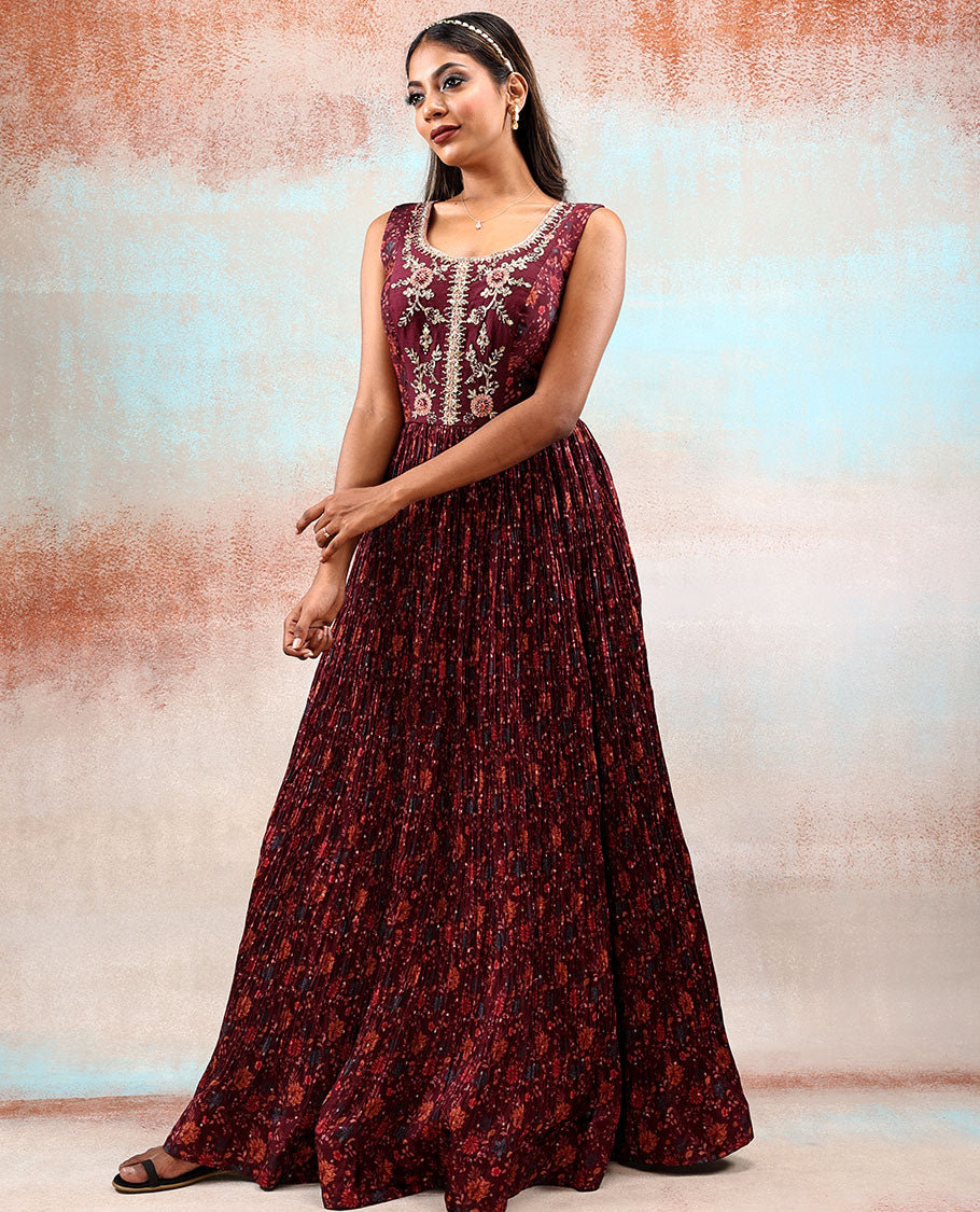 Burgundy patola silk anarkali printed with intricate floral vine designs & stone embroidered, sequin work dupatta
