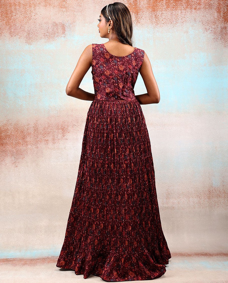 Burgundy patola silk anarkali printed with intricate floral vine designs & stone embroidered, sequin work dupatta