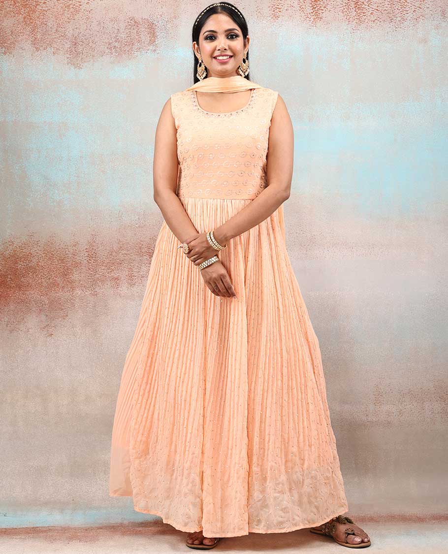 Cantaloupe orange sleeveless georgette anarkali with all-over intricate sequin embroidery, Georgette dupatta