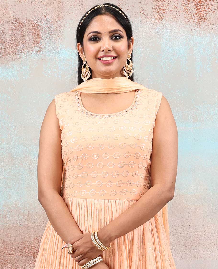 Cantaloupe orange sleeveless georgette anarkali with all-over intricate sequin embroidery, Georgette dupatta