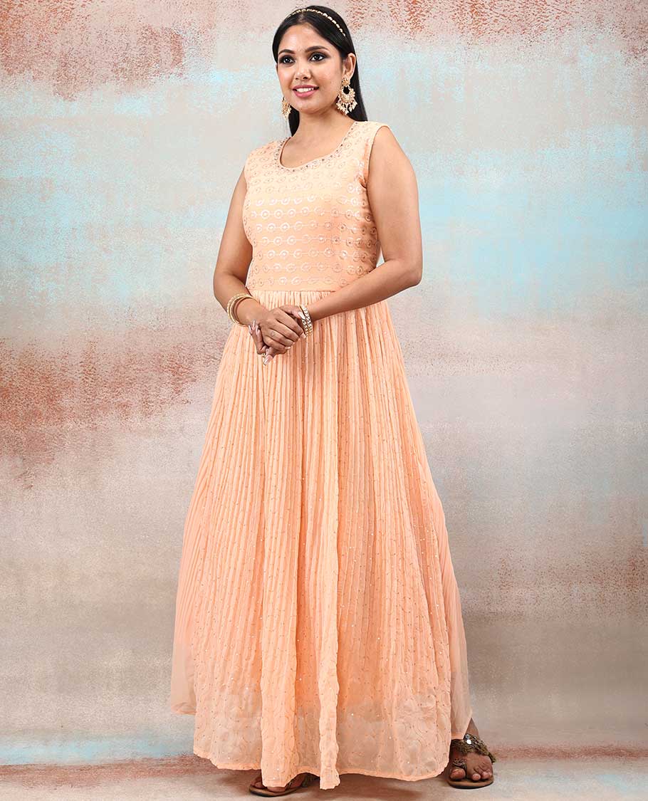 Cantaloupe orange sleeveless georgette anarkali with all-over intricate sequin embroidery, Georgette dupatta