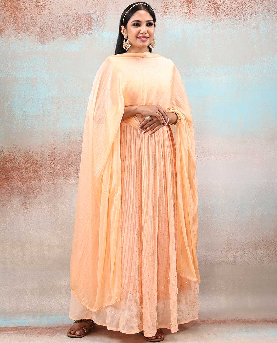 Cantaloupe orange sleeveless georgette anarkali with all-over intricate sequin embroidery, Georgette dupatta