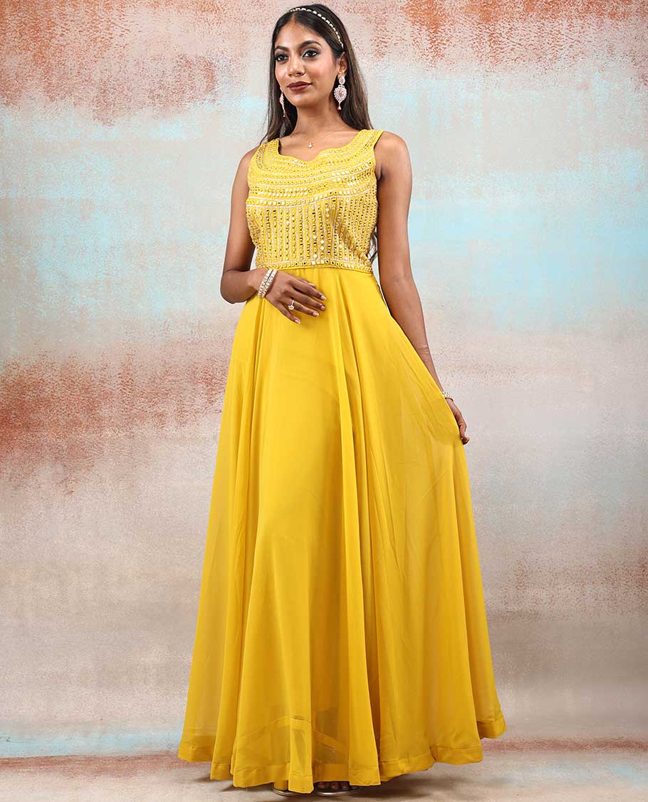 Bright yellow color Georgette Anarkali with full-front next mirror embroidered & net dupatta with embroidered border