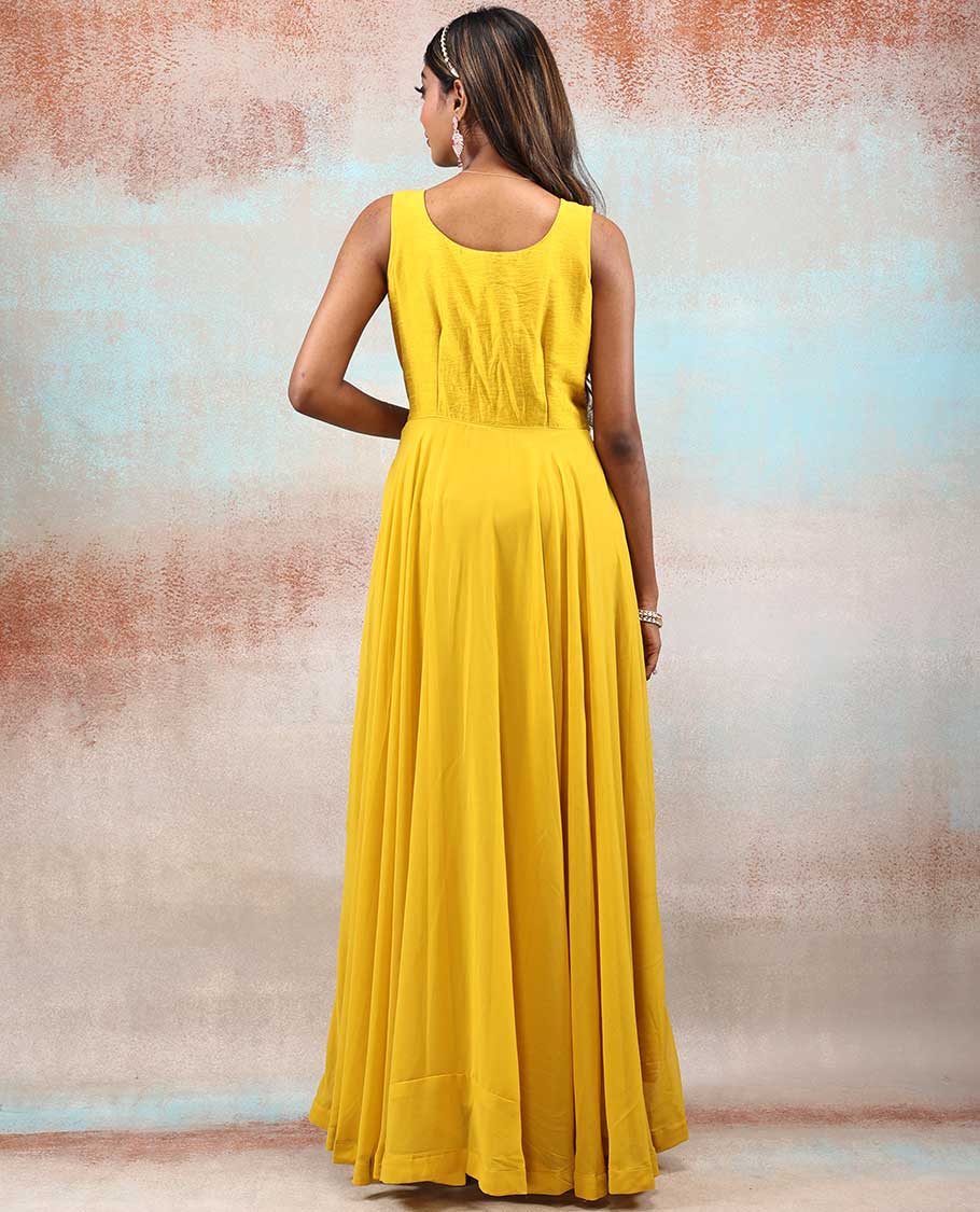 Bright yellow color Georgette Anarkali with full-front next mirror embroidered & net dupatta with embroidered border