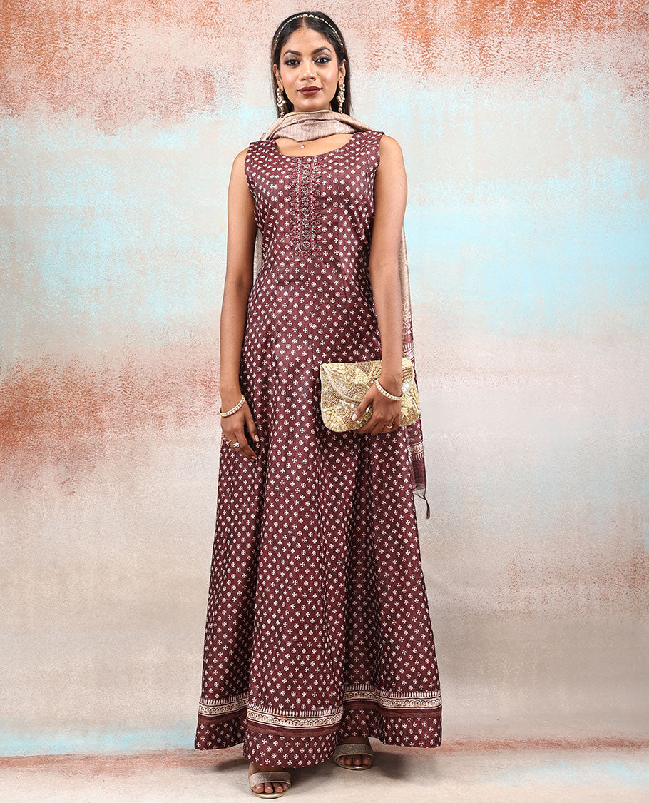 Dark wine red embroidered & tiny unique motif printed Chanderi Anarkali, contrast dupatta printed with intricate designs