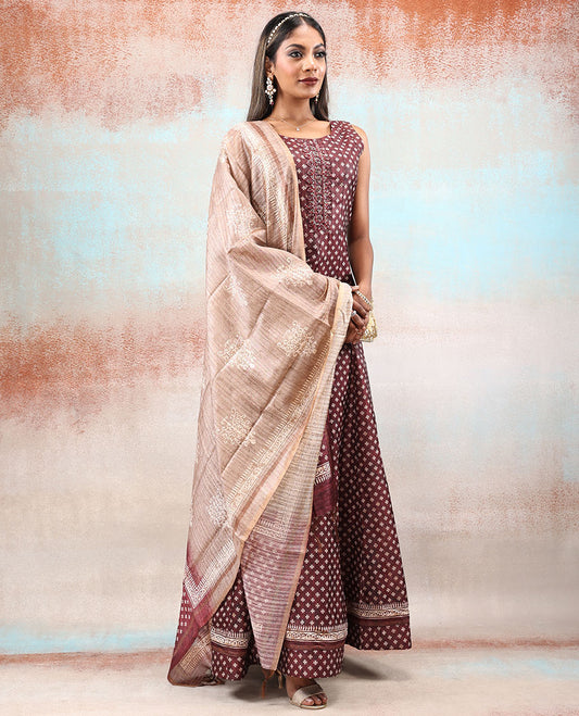 Dark wine red embroidered & tiny unique motif printed Chanderi Anarkali, contrast dupatta printed with intricate designs