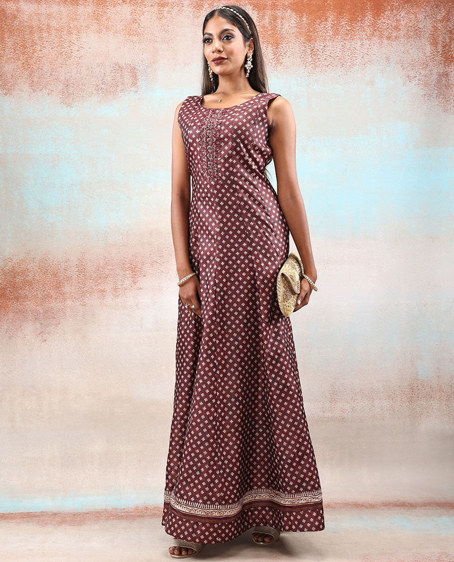 Dark wine red embroidered & tiny unique motif printed Chanderi Anarkali, contrast dupatta printed with intricate designs