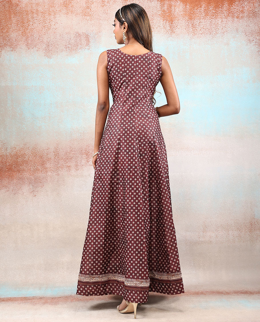 Dark wine red embroidered & tiny unique motif printed Chanderi Anarkali, contrast dupatta printed with intricate designs