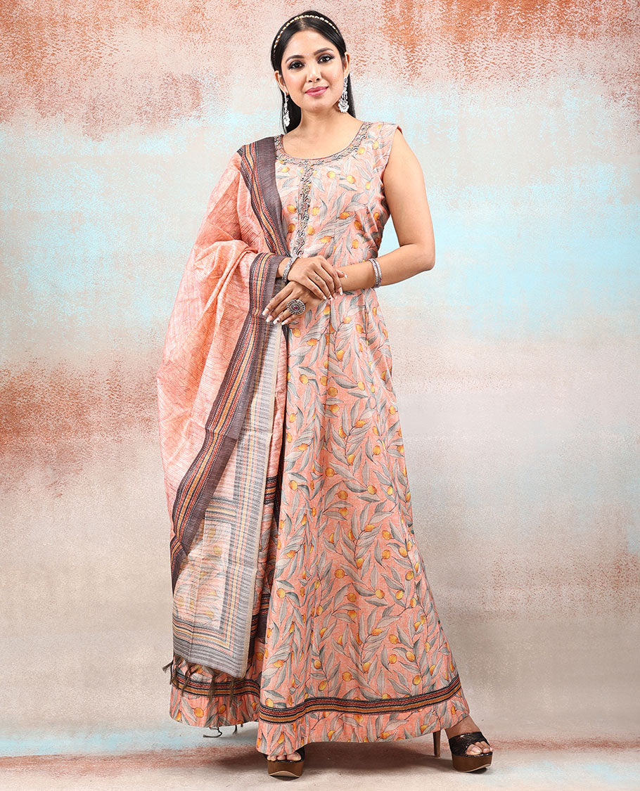 Peach Chanderi Anarkali printed with unique fruit & leaf motif,neck sugar bead embroidered & intricately printed dupatta