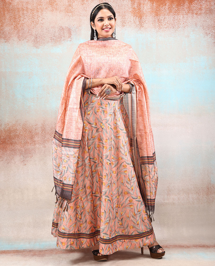 Peach Chanderi Anarkali printed with unique fruit & leaf motif,neck sugar bead embroidered & intricately printed dupatta