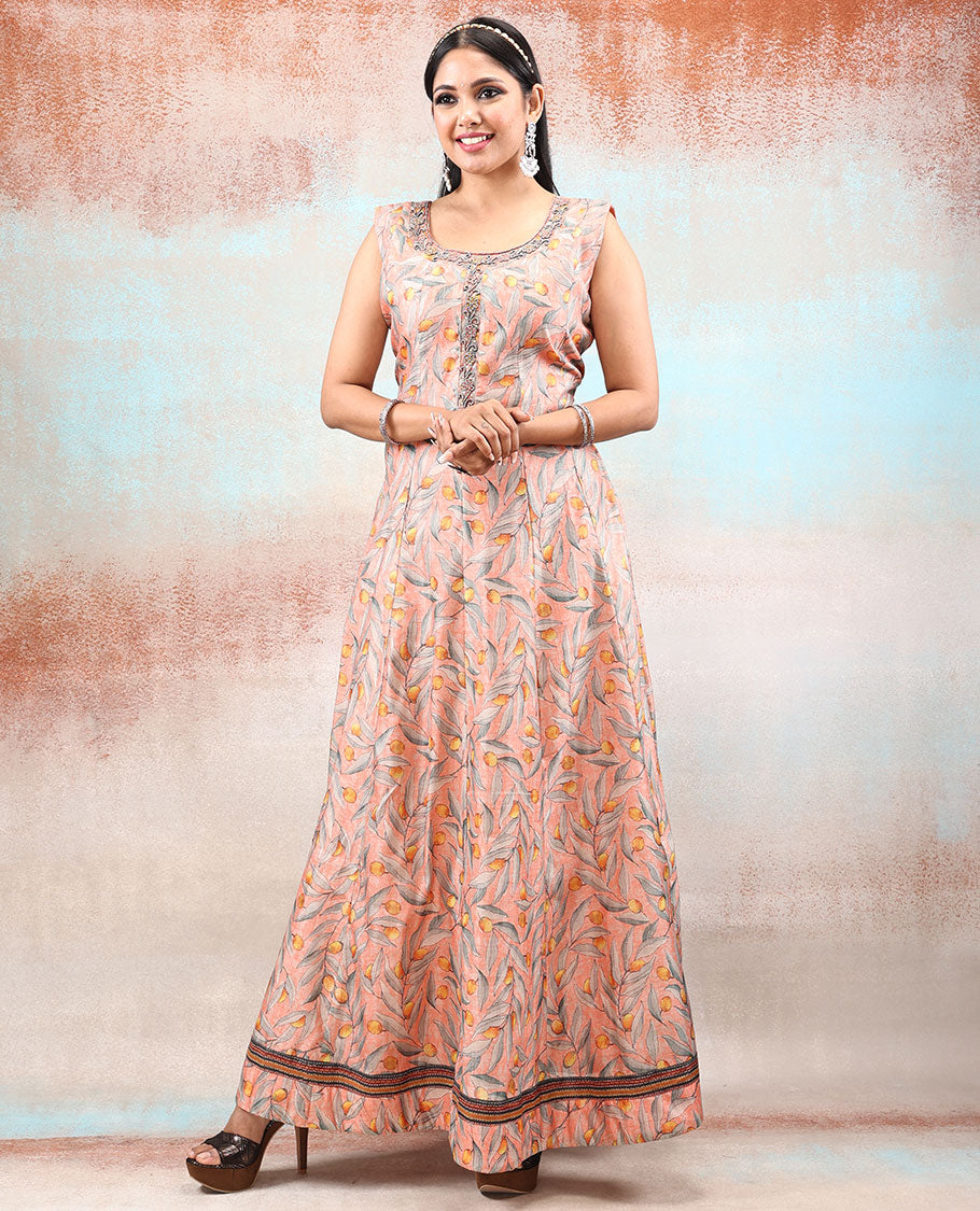 Peach Chanderi Anarkali printed with unique fruit & leaf motif,neck sugar bead embroidered & intricately printed dupatta