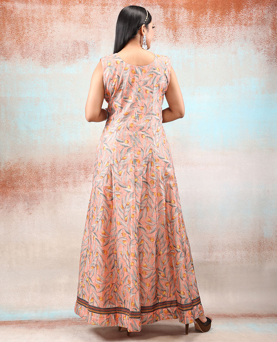 Peach Chanderi Anarkali printed with unique fruit & leaf motif,neck sugar bead embroidered & intricately printed dupatta