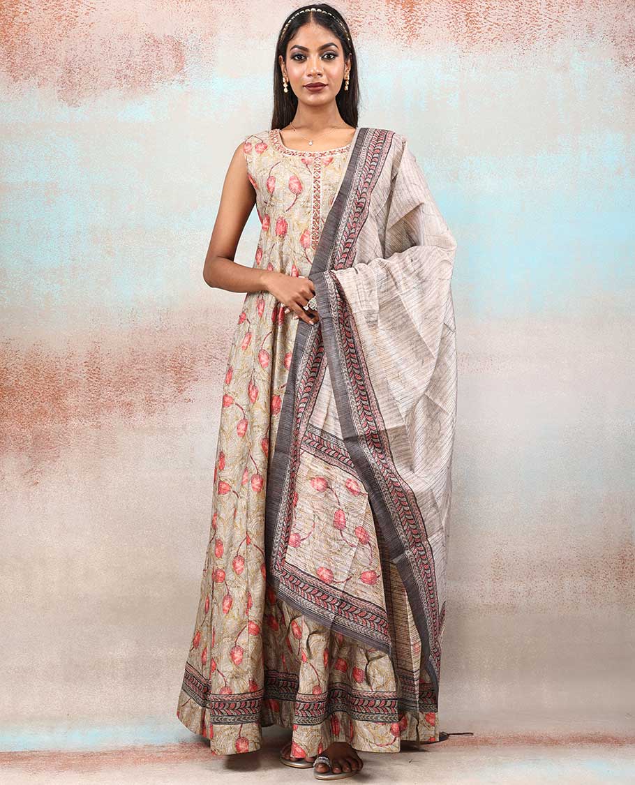 Beige chanderi printed anarkali features floral vine designs, contrast Chanderi dupatta of floral & geometric patterns