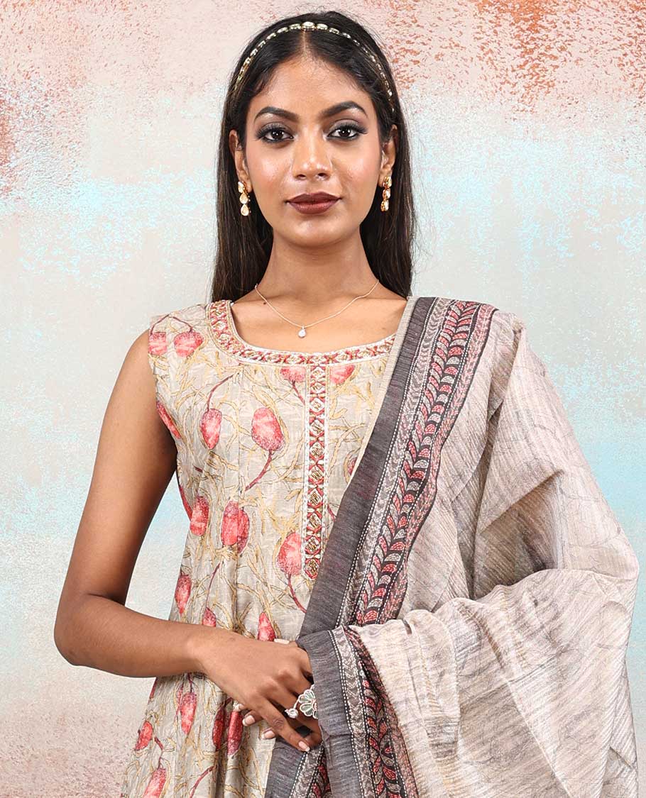 Beige chanderi printed anarkali features floral vine designs, contrast Chanderi dupatta of floral & geometric patterns