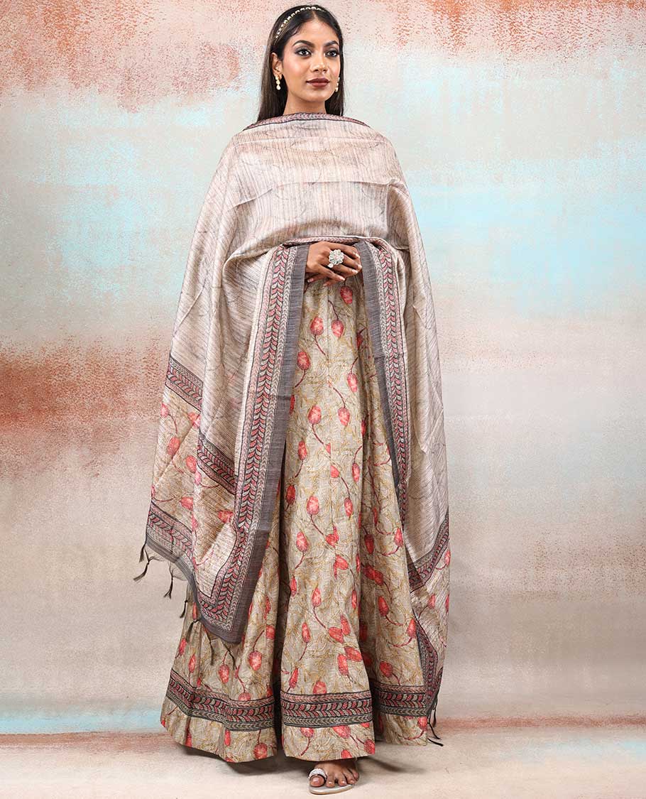 Beige chanderi printed anarkali features floral vine designs, contrast Chanderi dupatta of floral & geometric patterns