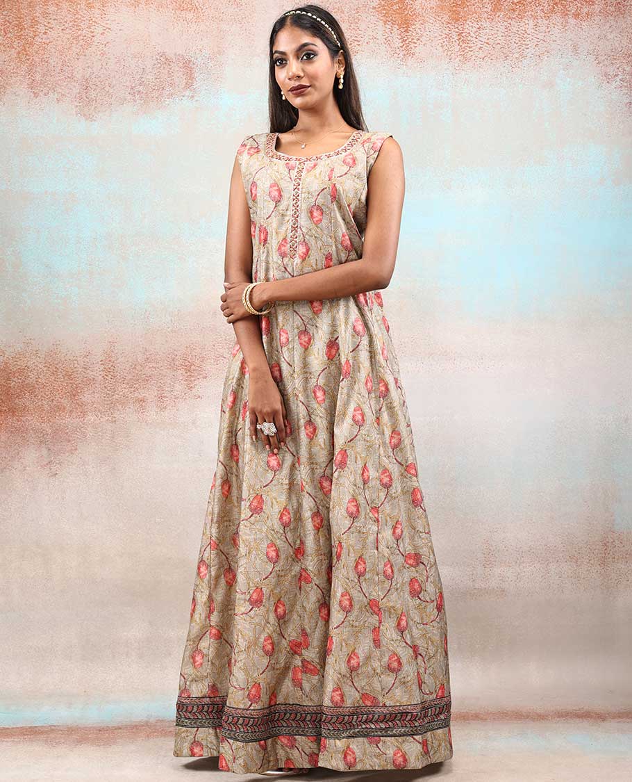 Beige chanderi printed anarkali features floral vine designs, contrast Chanderi dupatta of floral & geometric patterns