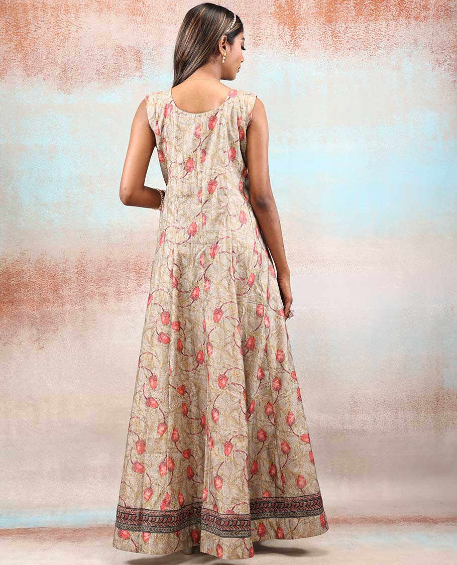 Beige chanderi printed anarkali features floral vine designs, contrast Chanderi dupatta of floral & geometric patterns