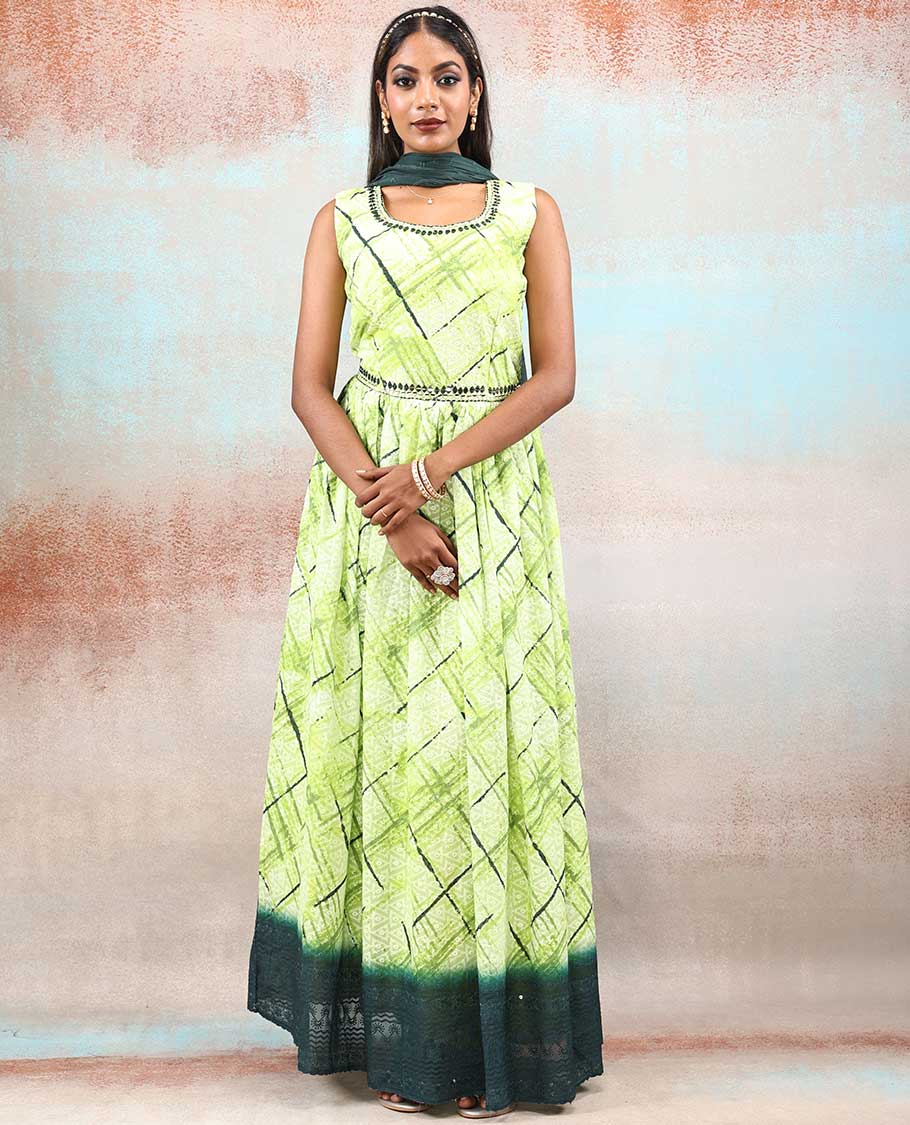 Green shibori-style dyed & triangle design printed Georgette Anarkali,contrast border & dupatta with embroidery work
