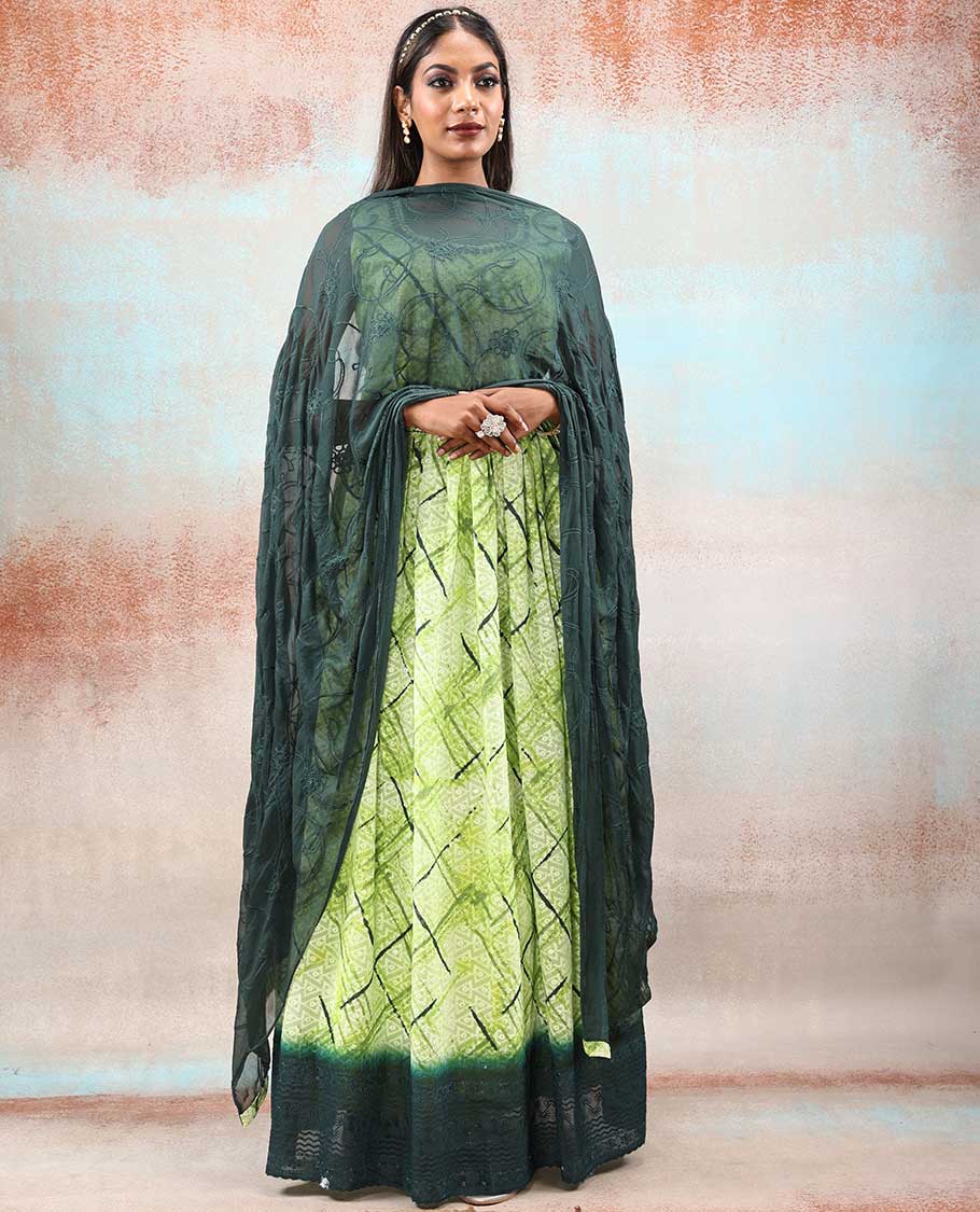Green shibori-style dyed & triangle design printed Georgette Anarkali,contrast border & dupatta with embroidery work